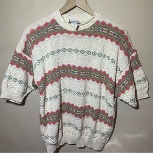 Vintage Textured Scoop Neck Sweater - White with Pink & Sage Pattern
